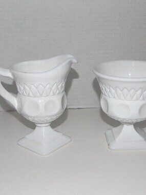 1957-58 McKee Plymouth Thumbprint White Milk Glass Creamer & Sugar Bowl